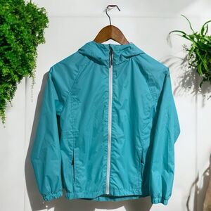 Swiss Alps Girls Rain Jacket M 10/12 Teal Hooded Windbreaker Waterproof Light